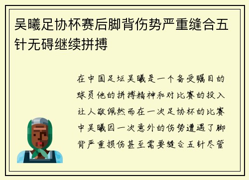 吴曦足协杯赛后脚背伤势严重缝合五针无碍继续拼搏