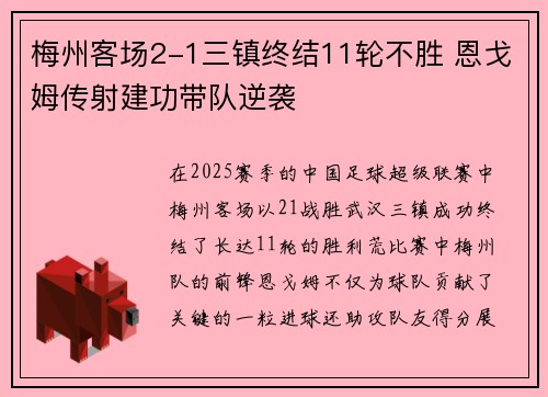 梅州客场2-1三镇终结11轮不胜 恩戈姆传射建功带队逆袭